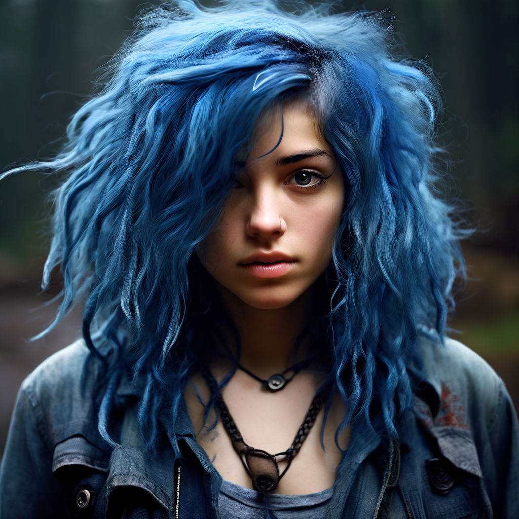 an emo girl with vibrant blue hair and dark makeup