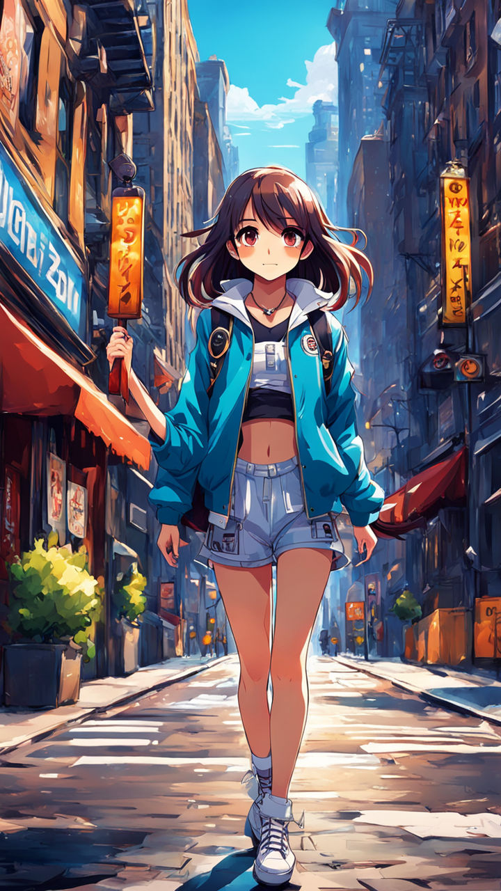 full body beautiful anime style girl in denim shorts