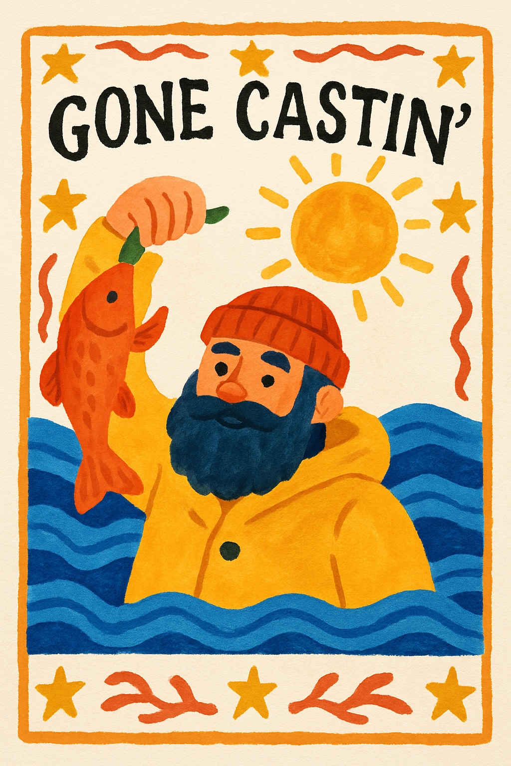 Cheerful Fisherman Gone Castin' Retro Cartoon Illustration Poster