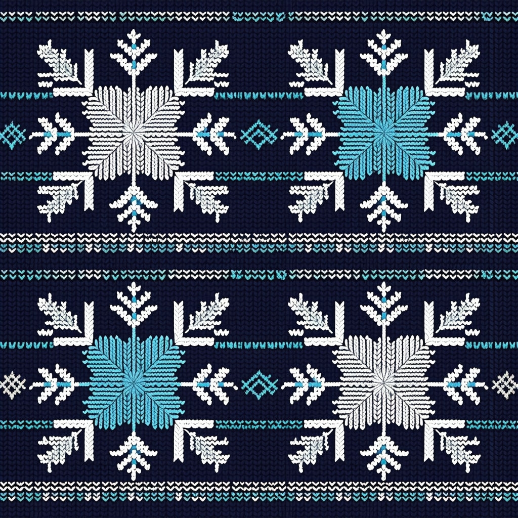 Intricate Symmetrical Snowflake Knit Pattern on Navy Background Seamless Pattern