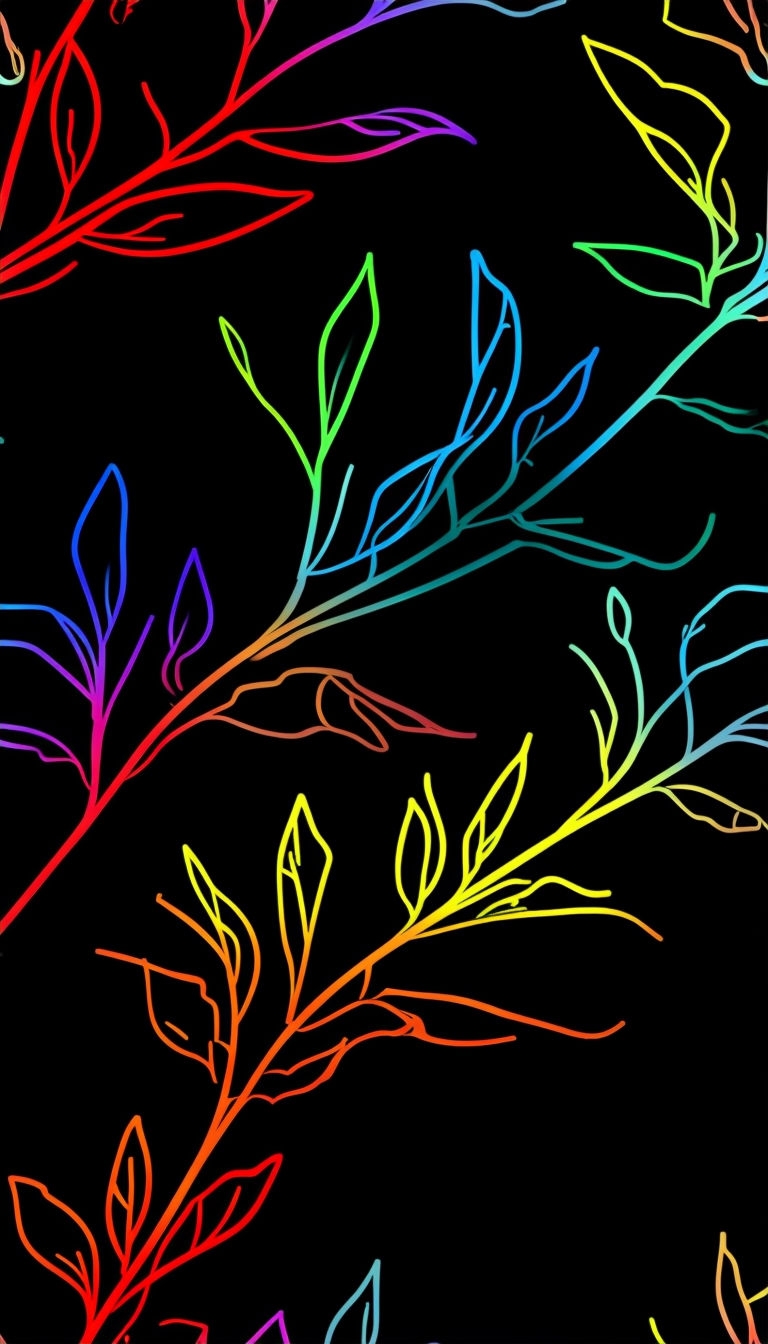 Vibrant Neon Plant Branches Pattern on Black Background Mobile Wallpaper