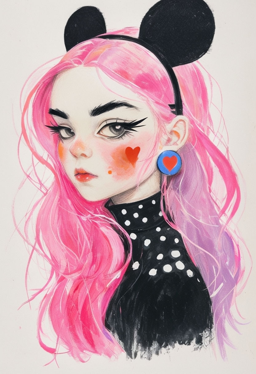 Whimsical Young Girl Illustration with Pink and Lavender Hair Art