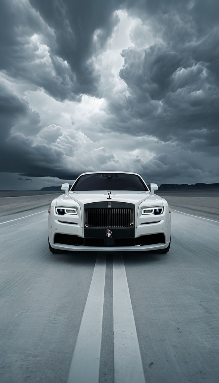 Luxury White Rolls-Royce Car Against Dramatic Cloudy Sky Mobile Wallpaper