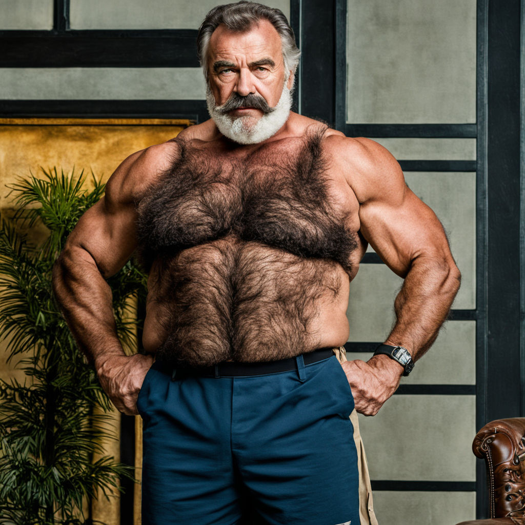 Head to toe image of very Hairy chested fat actor short haired powerlifter  actor Gil Gerard looking like a stocky very hairy chested shirt haired  bodybuilder Lee Horsley with grey hair showing