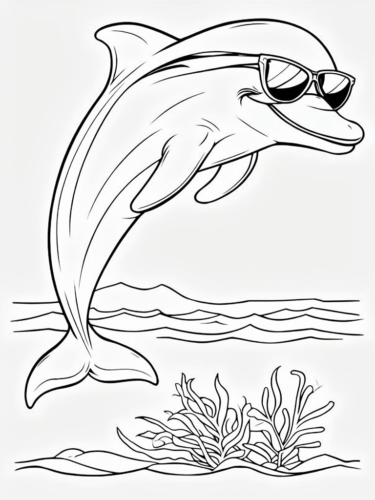 Joyful Dolphin Leaping with Sunglasses Coloring Page Illustration