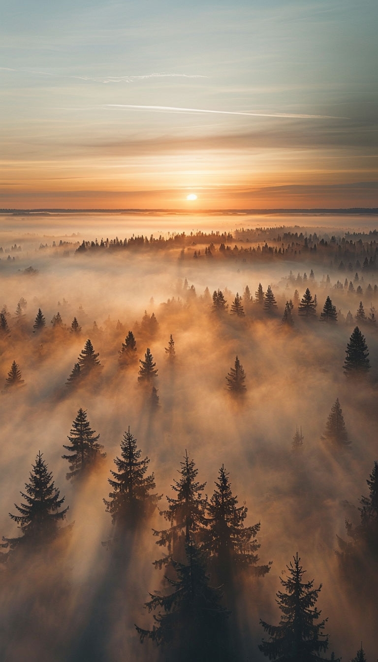 Serene Sunrise Over Misty Forest Landscape Mobile Wallpaper