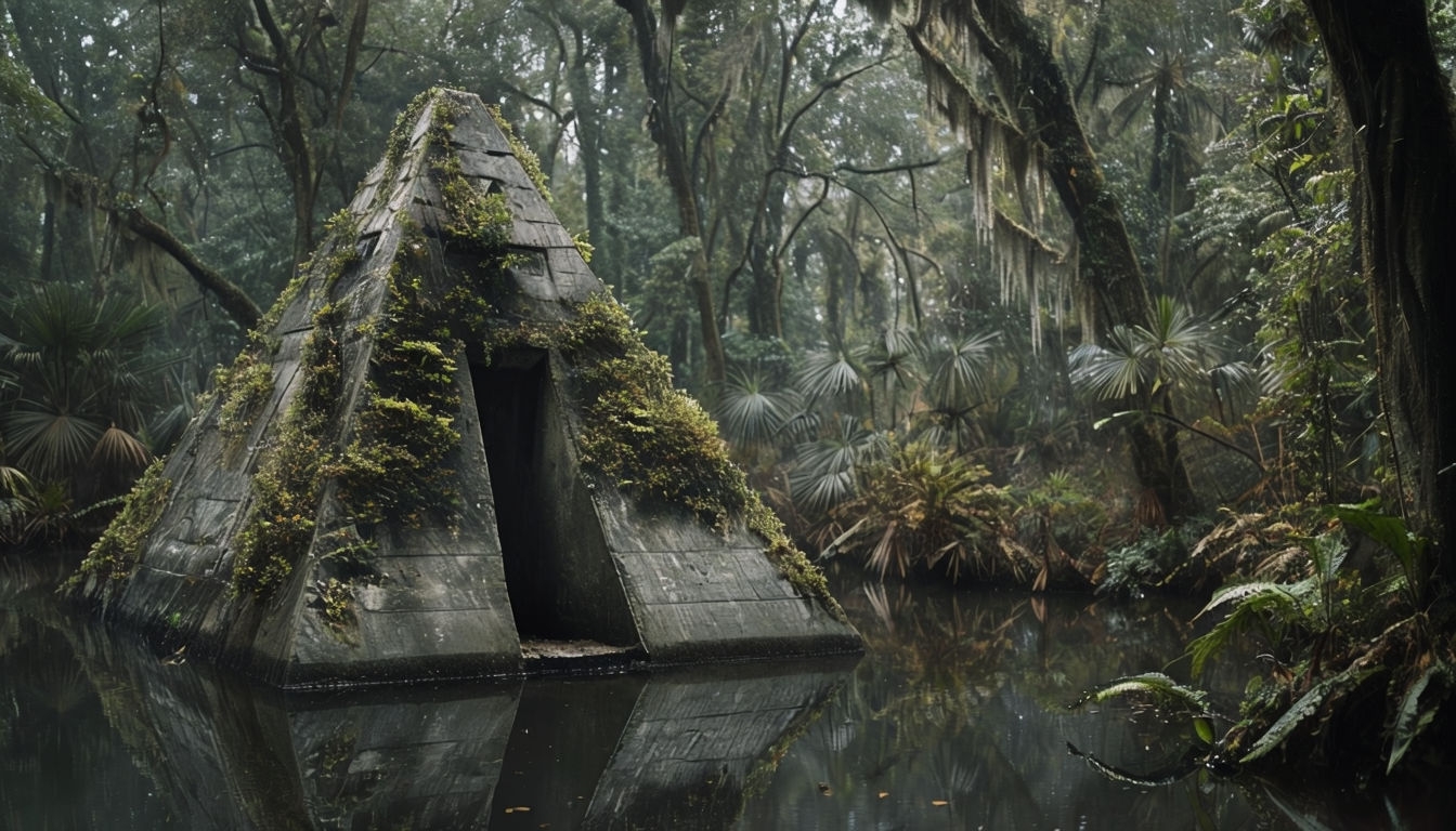 Serene Pyramid Structure Amidst Lush Forest Reflection Backgrounds