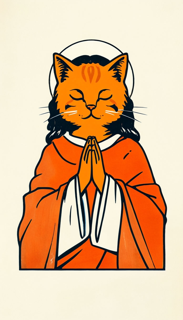 Adorable Cat Portraying Jesus in Vibrant 1960s Art Mockup