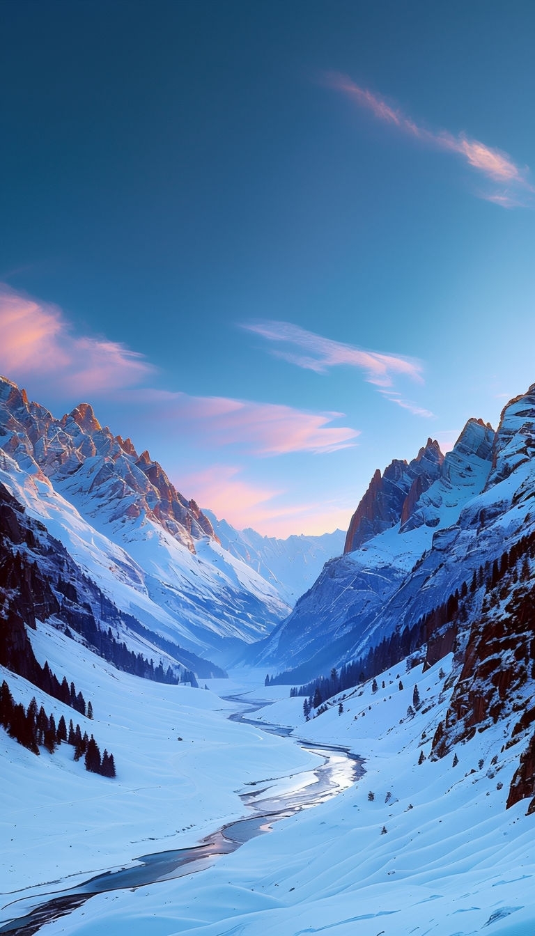 Serene Snow-Covered Alpine Valley at Twilight Mobile Wallpaper