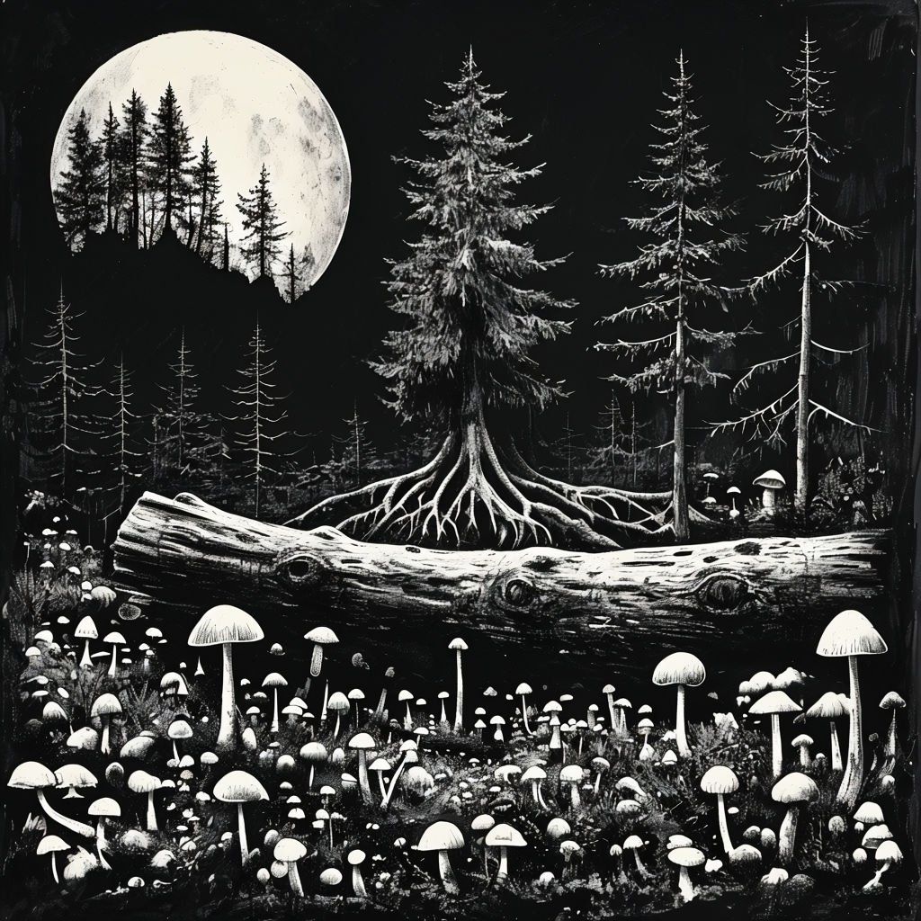 Mystical Night Forest with Mushrooms and Full Moon T-Shirt
