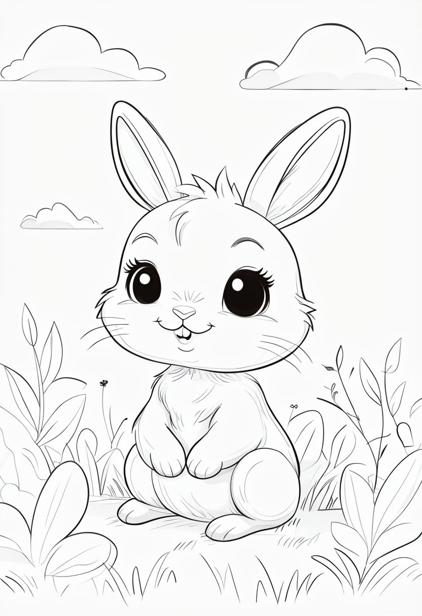 Adorable Cartoon Bunny in Grassy Field Art for Kids