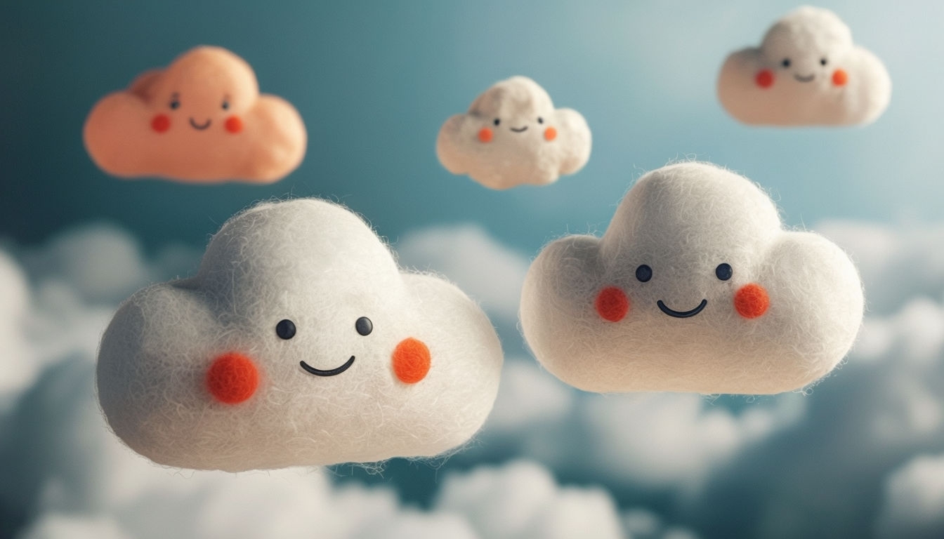 Charming Whimsical Plush Clouds Floating in Dreamy Sky Background