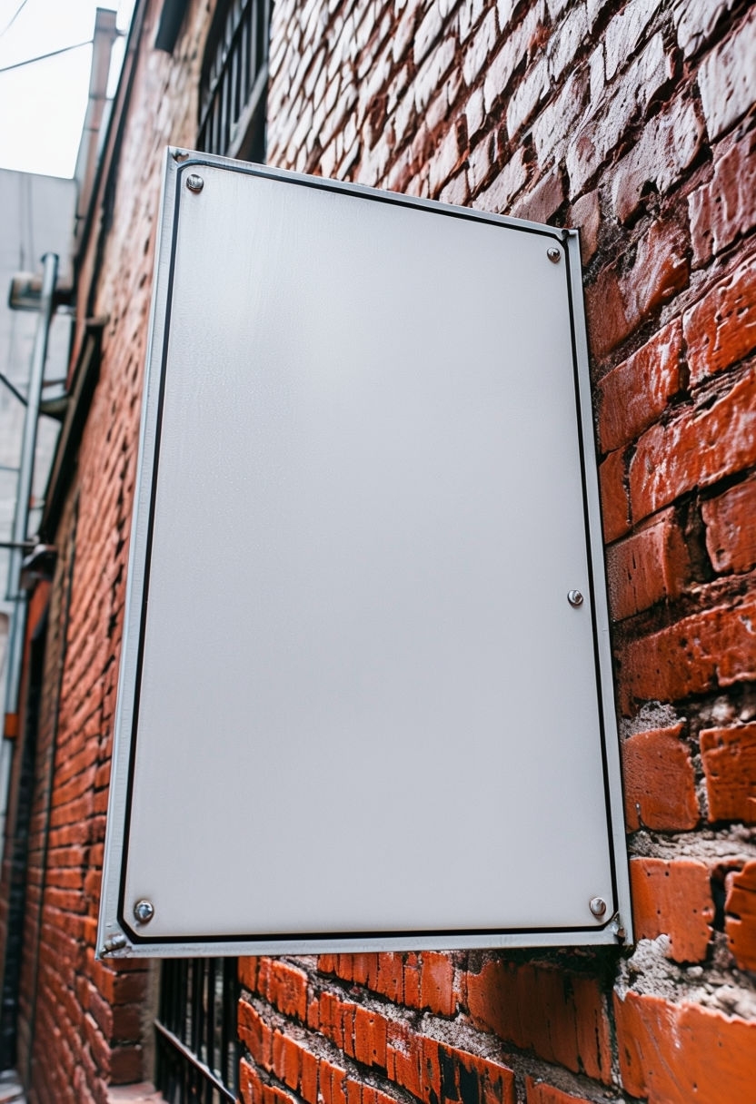 Blank Vertical Metal Sign on Weathered Red Brick Wall Mockup