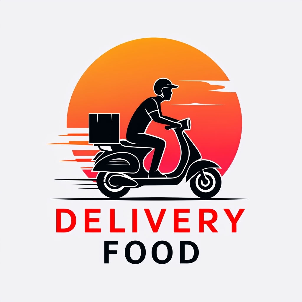 Minimalist Delivery Person Scooter Logo with Gradient Sun Backdrop