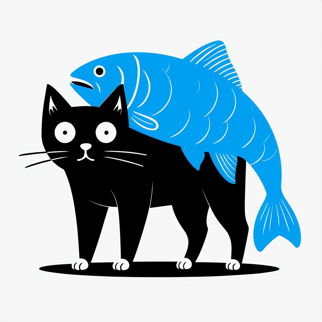 Playful Black Cat Balancing a Fish Icon Illustration Sticker