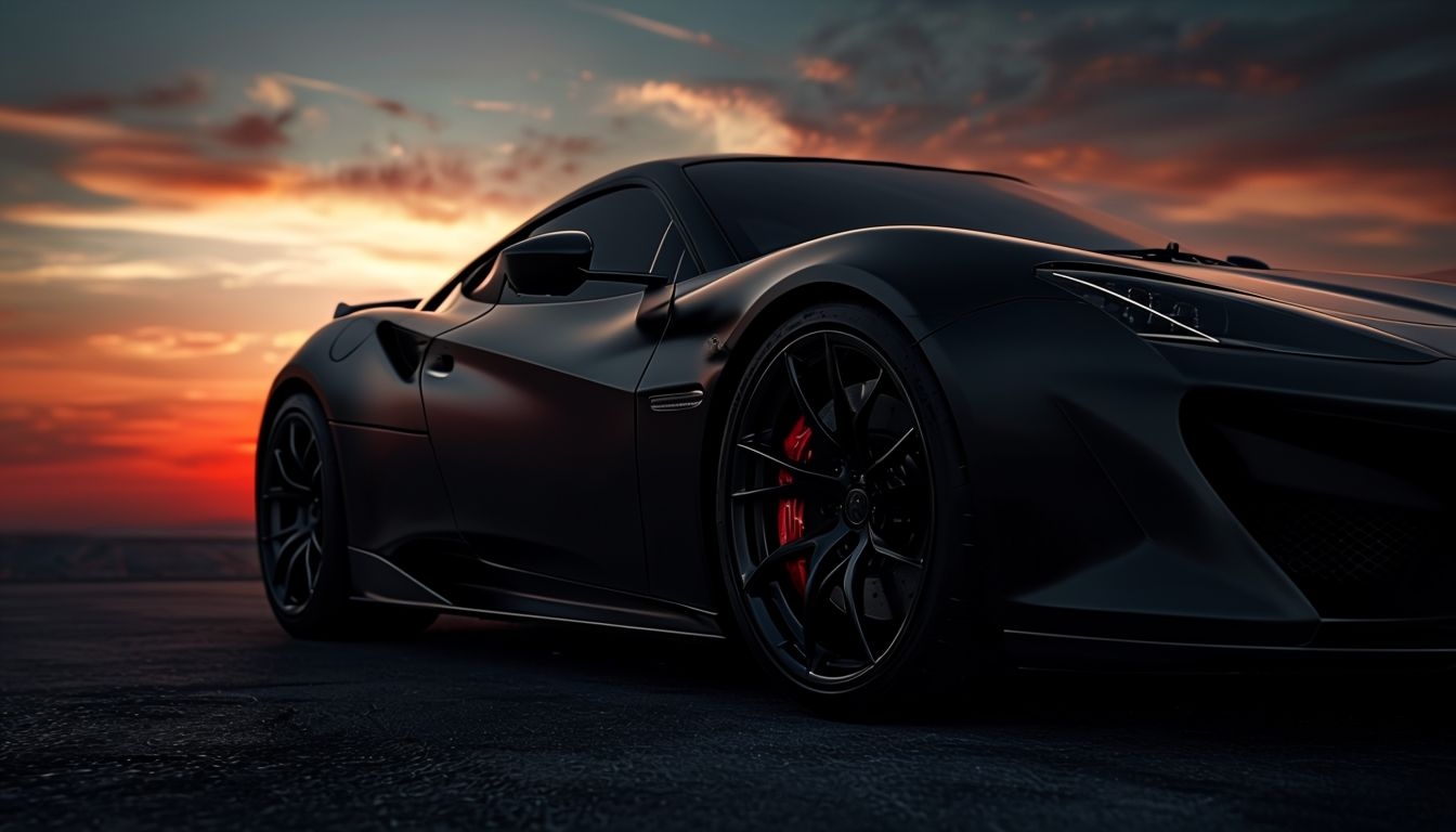 Sleek Matte Black Sports Car at Sunset Virtual Background