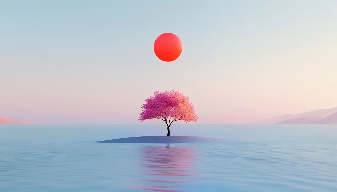 Tranquil Minimalist Landscape with Pink Tree and Water Virtual Backgrounds