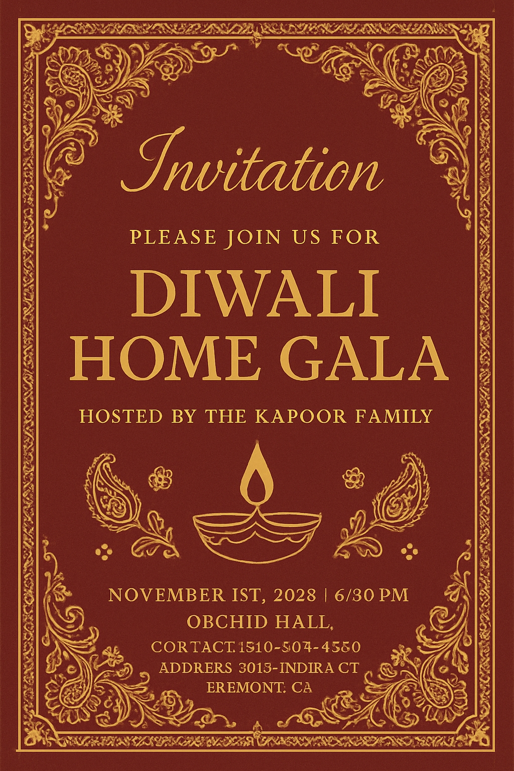 Elegant Diwali Home Gala Invitation Card Design