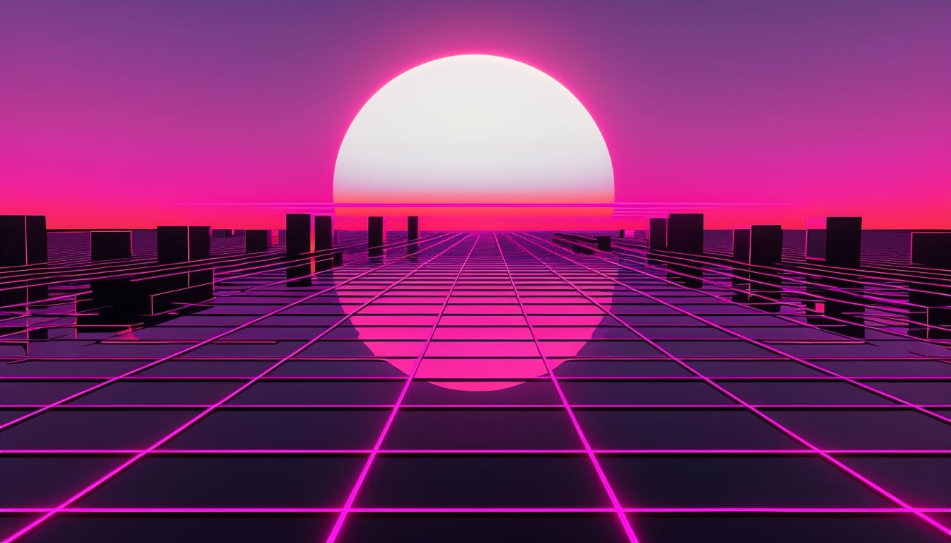 Surreal Vaporwave Sunset Over Neon Grid Landscape Background