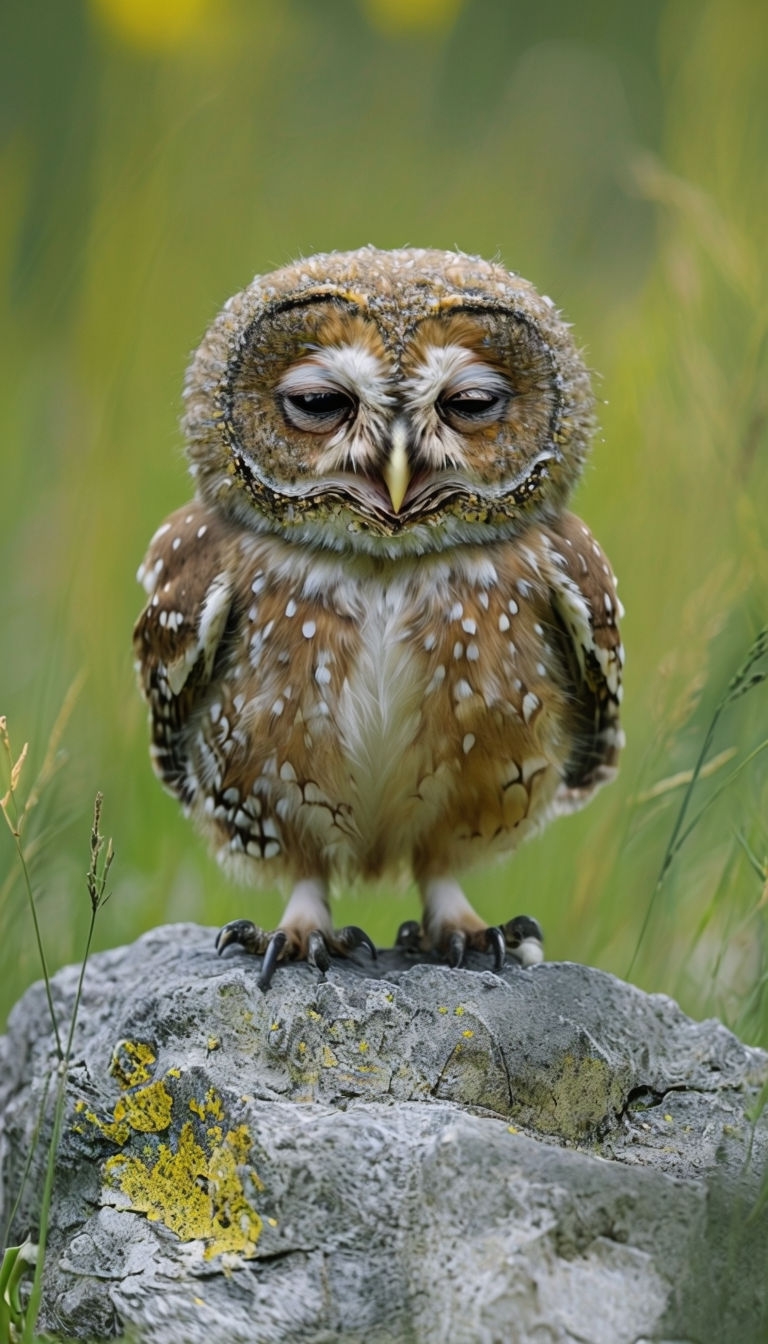 Charming Owl on Gray Rock Tranquil Nature Photograph Art