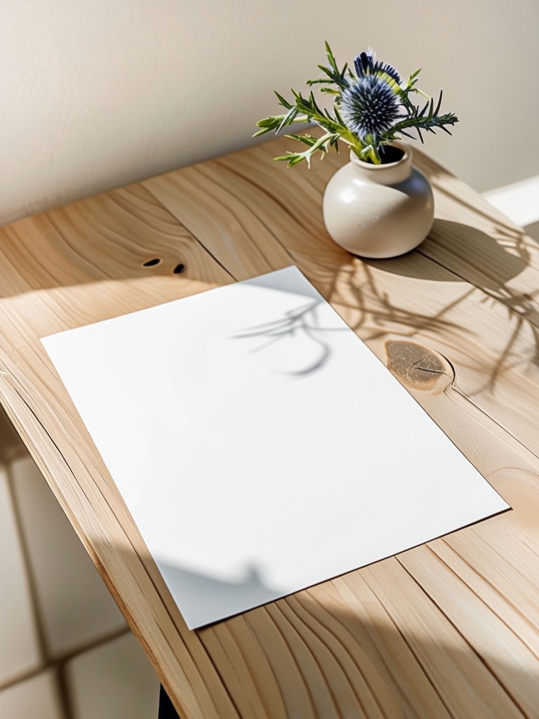 Minimalist White Paper and Vase on Wooden Table Photograph Mockup