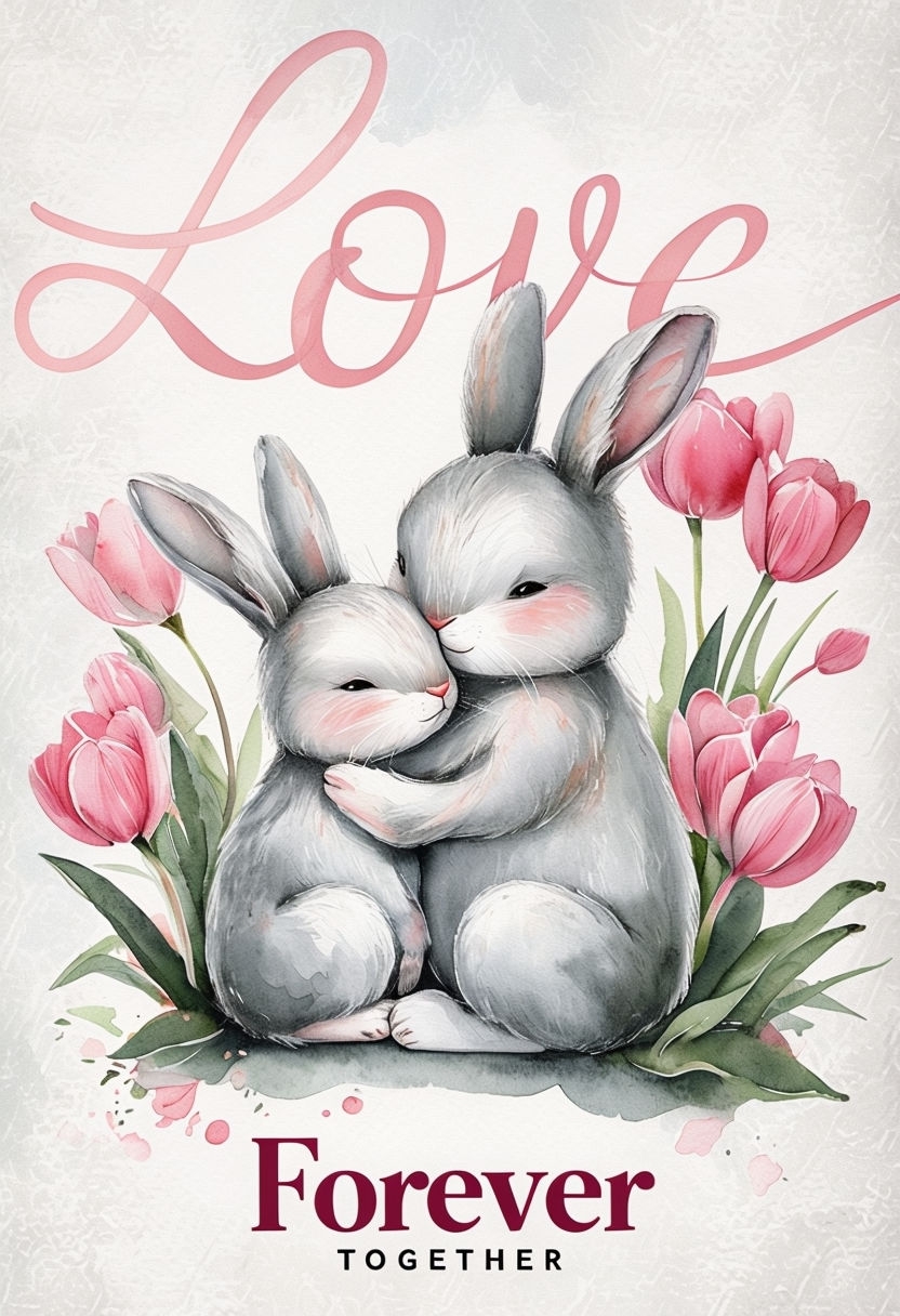 Tender Gray Bunnies Embracing with Love Forever Together Poster