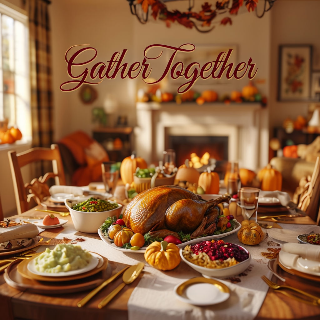 Heartwarming Thanksgiving Gathering with 'Gather Together' Text Poster