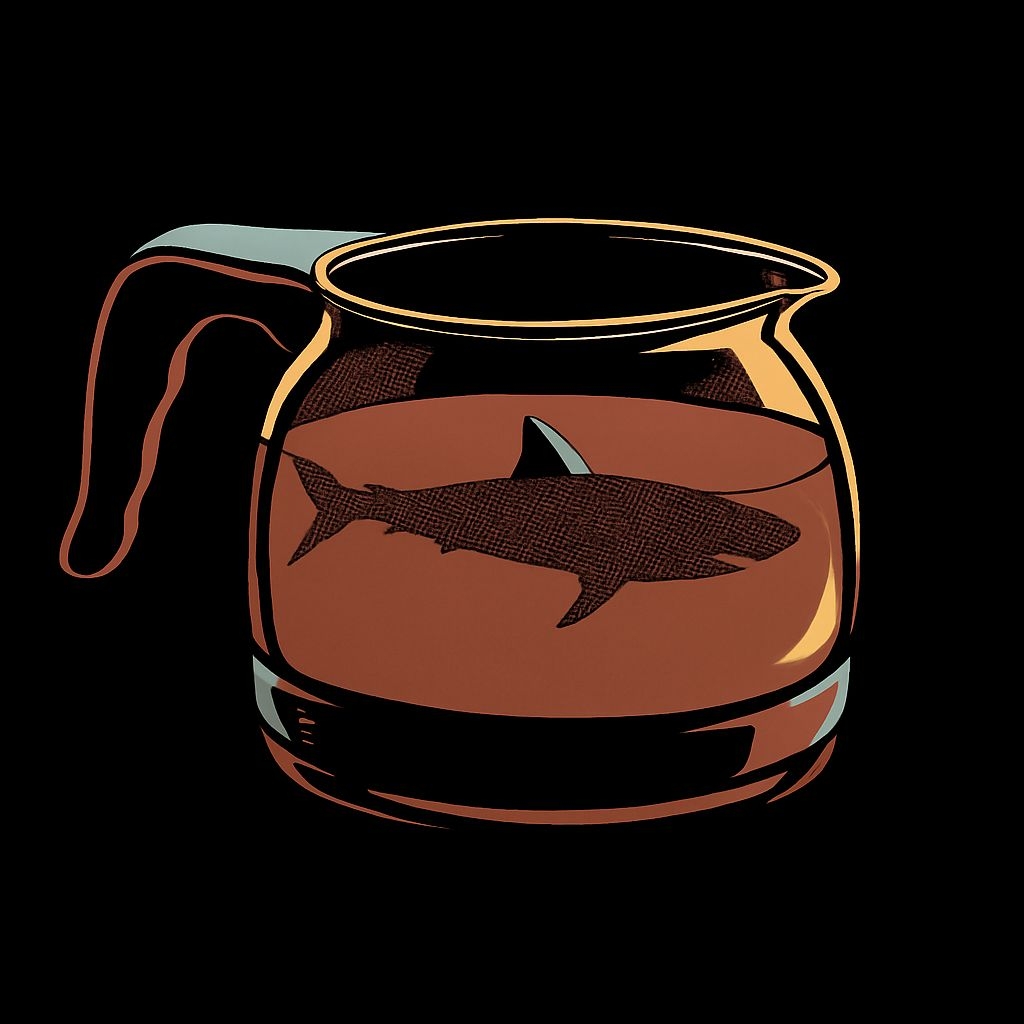 Surreal Glass Coffee Pot with Shark Illustration Mug