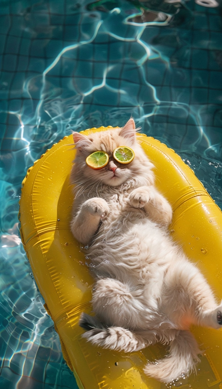 Playful Fluffy Cat Relaxing on Yellow Raft in Blue Pool Mobile Wallpaper