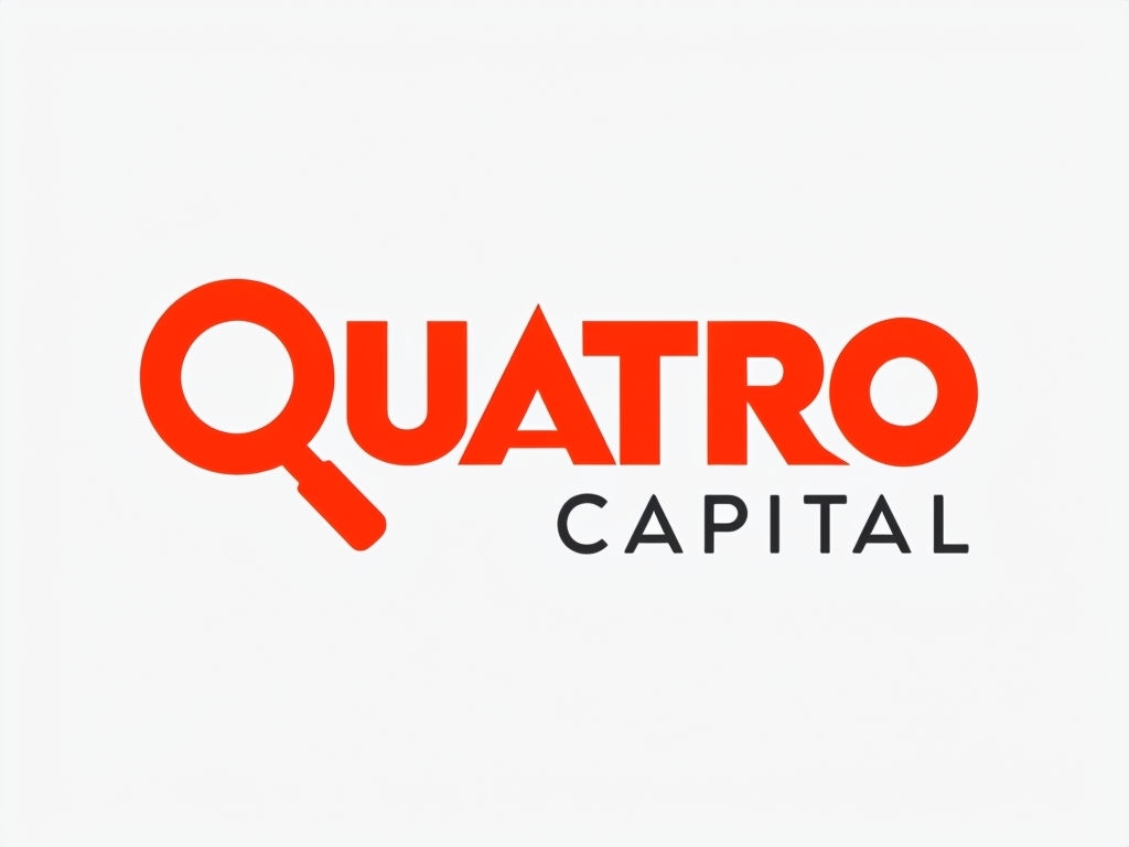 Stylish Red QUATRO Logo with Magnifying Glass Design for Branding Logo