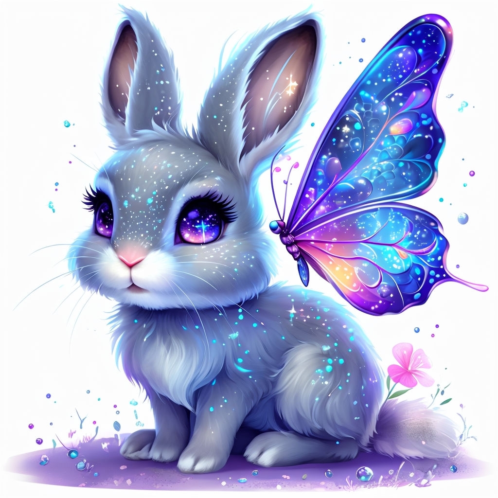 Whimsical Gray Rabbit with Butterfly and Sparkles T-shirt