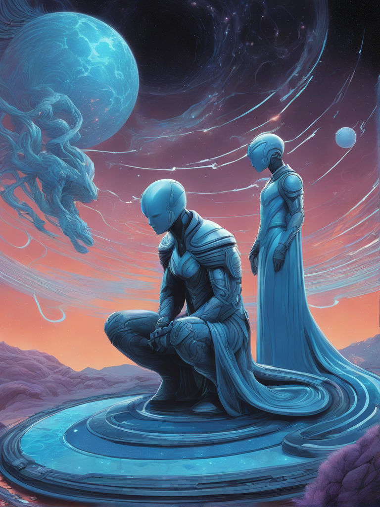 A surreal digital illustration depicts an otherworldly scene... by ...