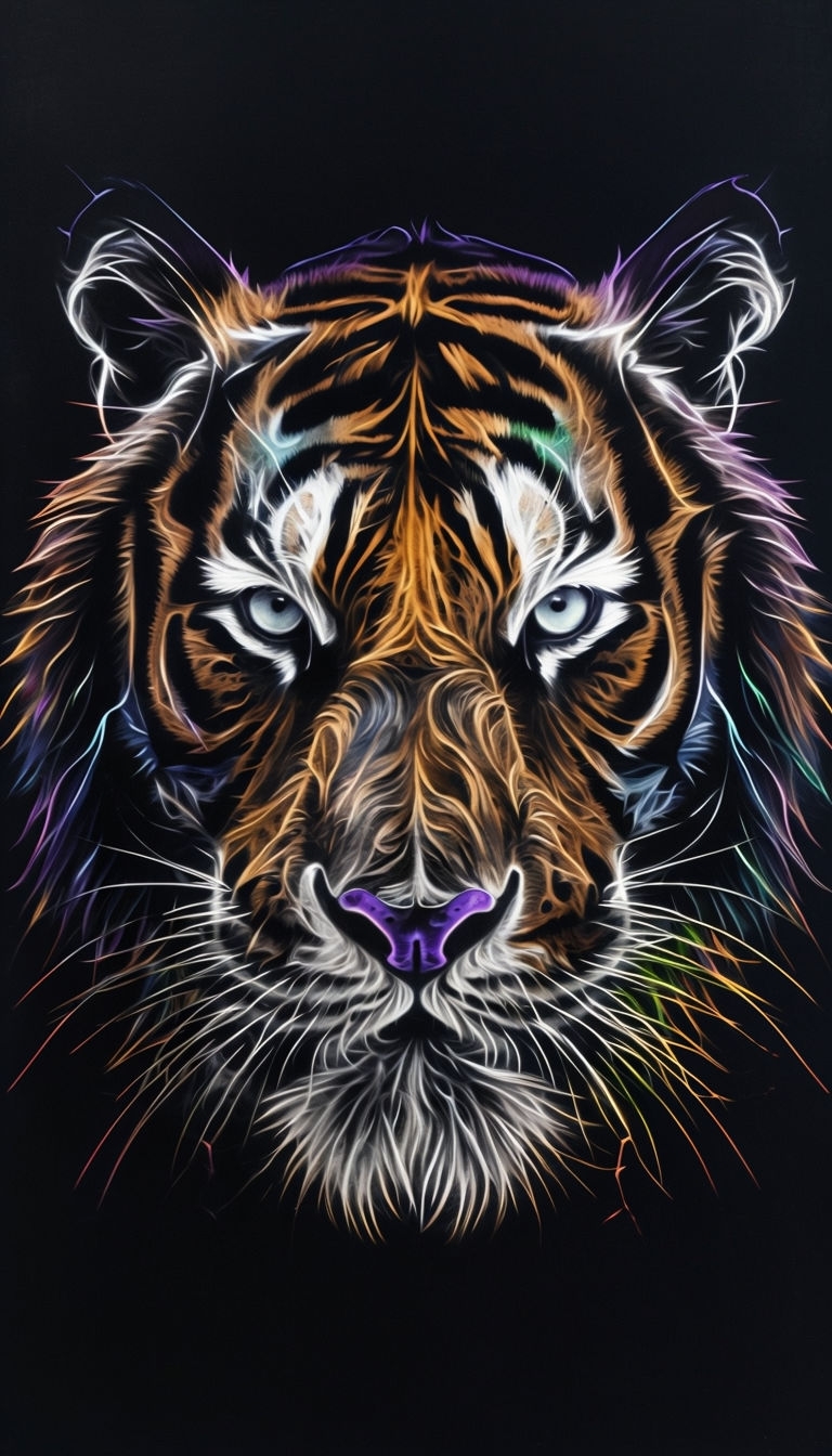 Vivid Neon Tiger Face Close-Up Digital Art Mobile Wallpaper