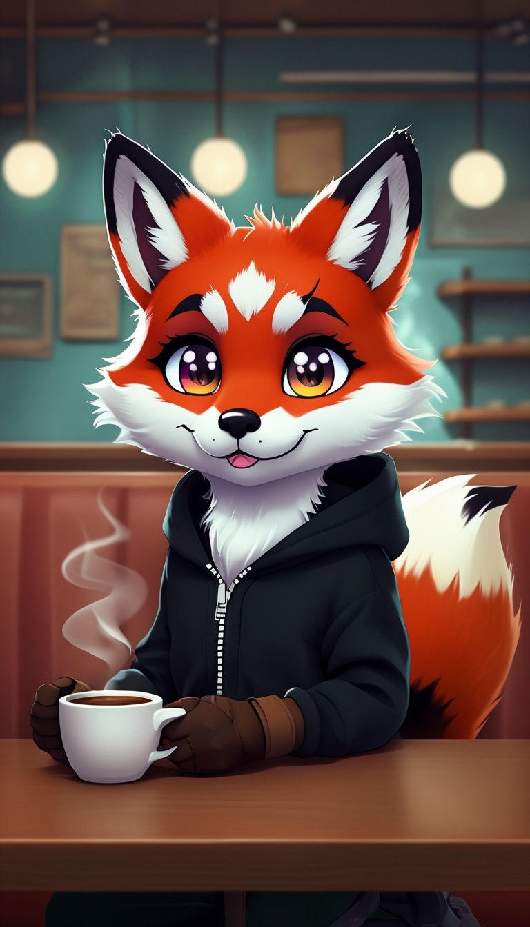 Cozy Anime Red Fox Character Enjoying Coffee in Café Mobile Wallpaper