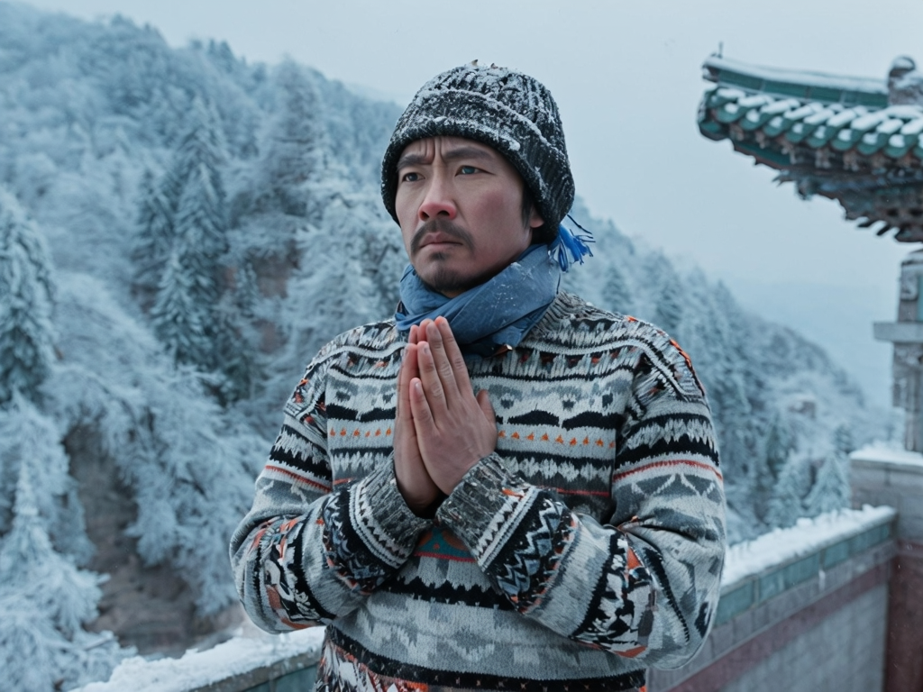 Snowy Serenity: Man in Knit Sweater and Beanie