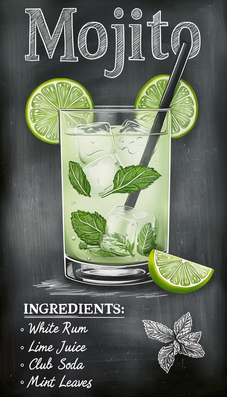 Hand-Drawn Mojito Cocktail Ingredients Chalkboard  Poster