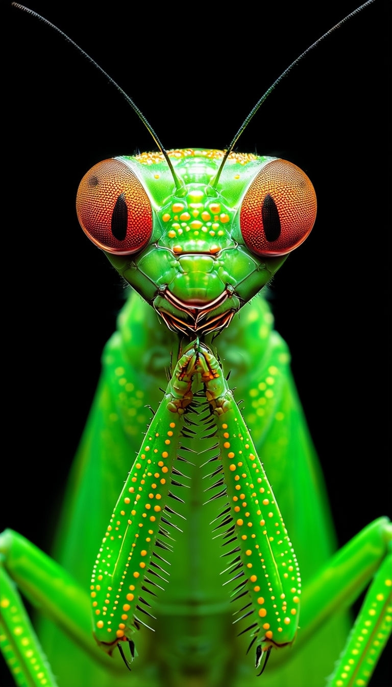 Intense Stylized Praying Mantis Portrait with Vibrant Colors Mobile Wallpaper