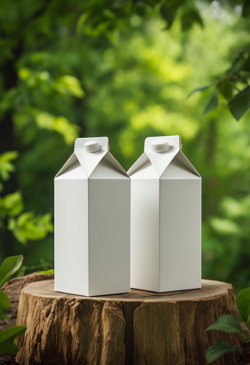 Minimalist White Milk Carton on Wooden Stump Art