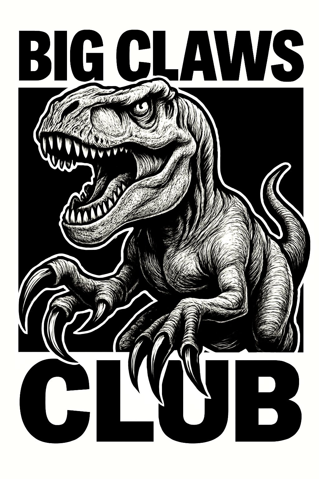 Bold Black and White T-Rex Big Claws Club T-Shirt