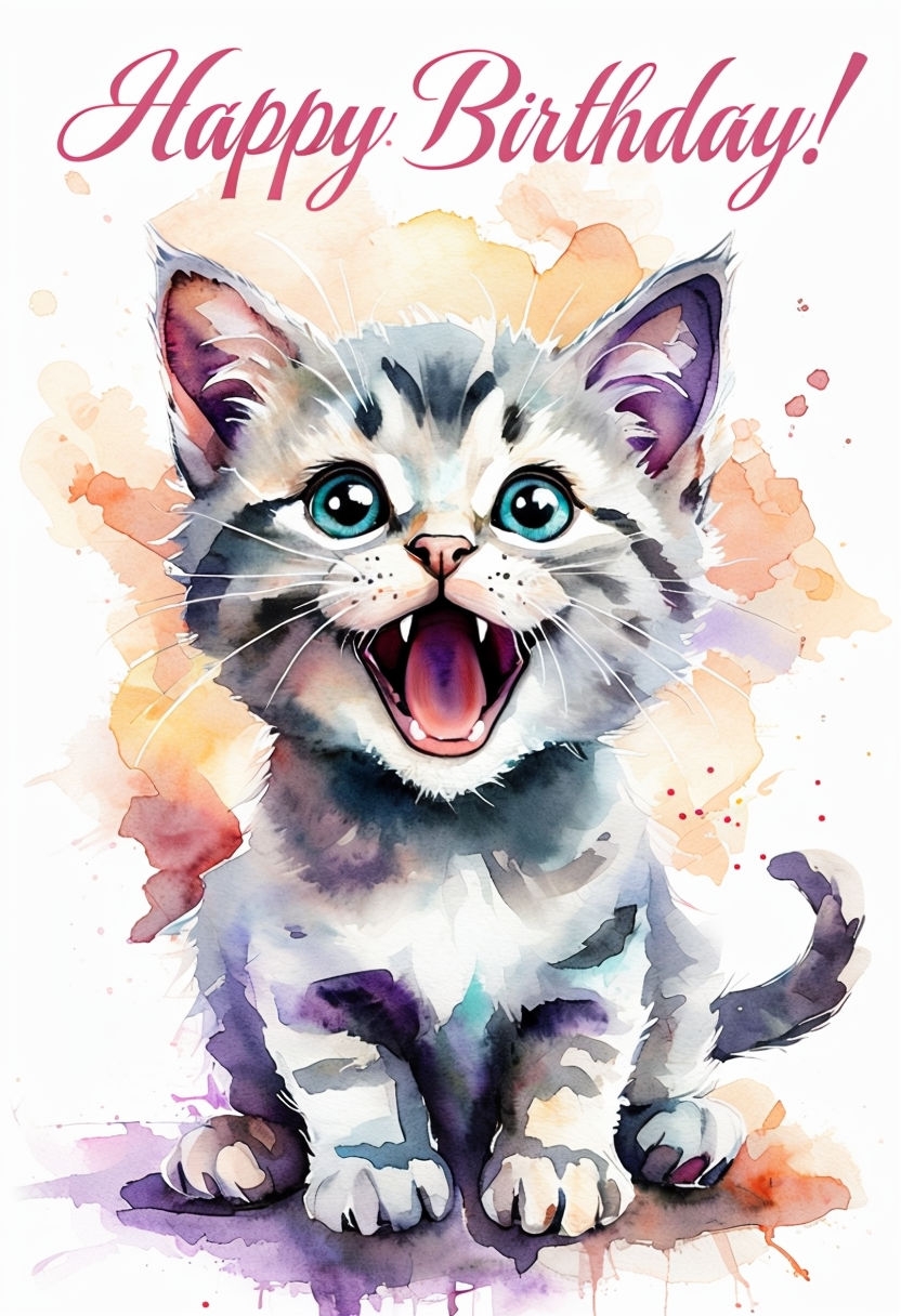 Joyful Gray Kitten Watercolor Birthday Greeting Card Design