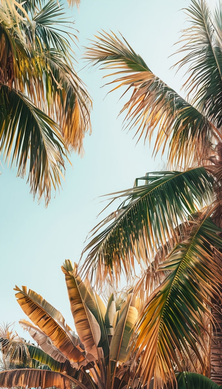 Tropical Palm Tree Fronds Under Clear Blue Sky Mobile Wallpaper