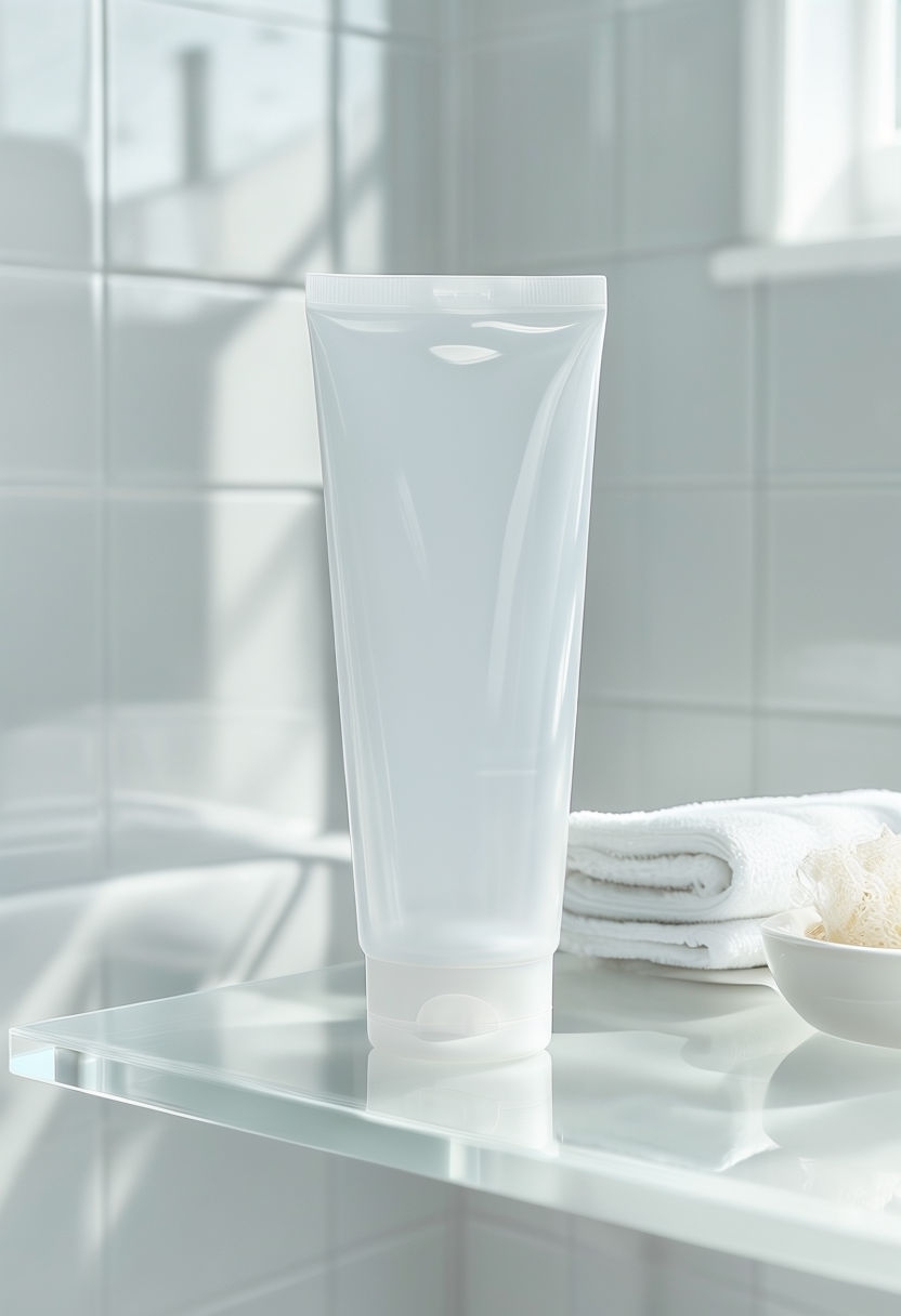 Clear Plastic Squeeze Tube Mockup in Modern Bathroom Setting Mockup