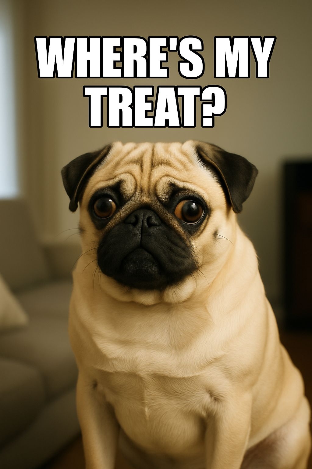 Comically Sad Pug Asking 'Where's My Treat?' Meme