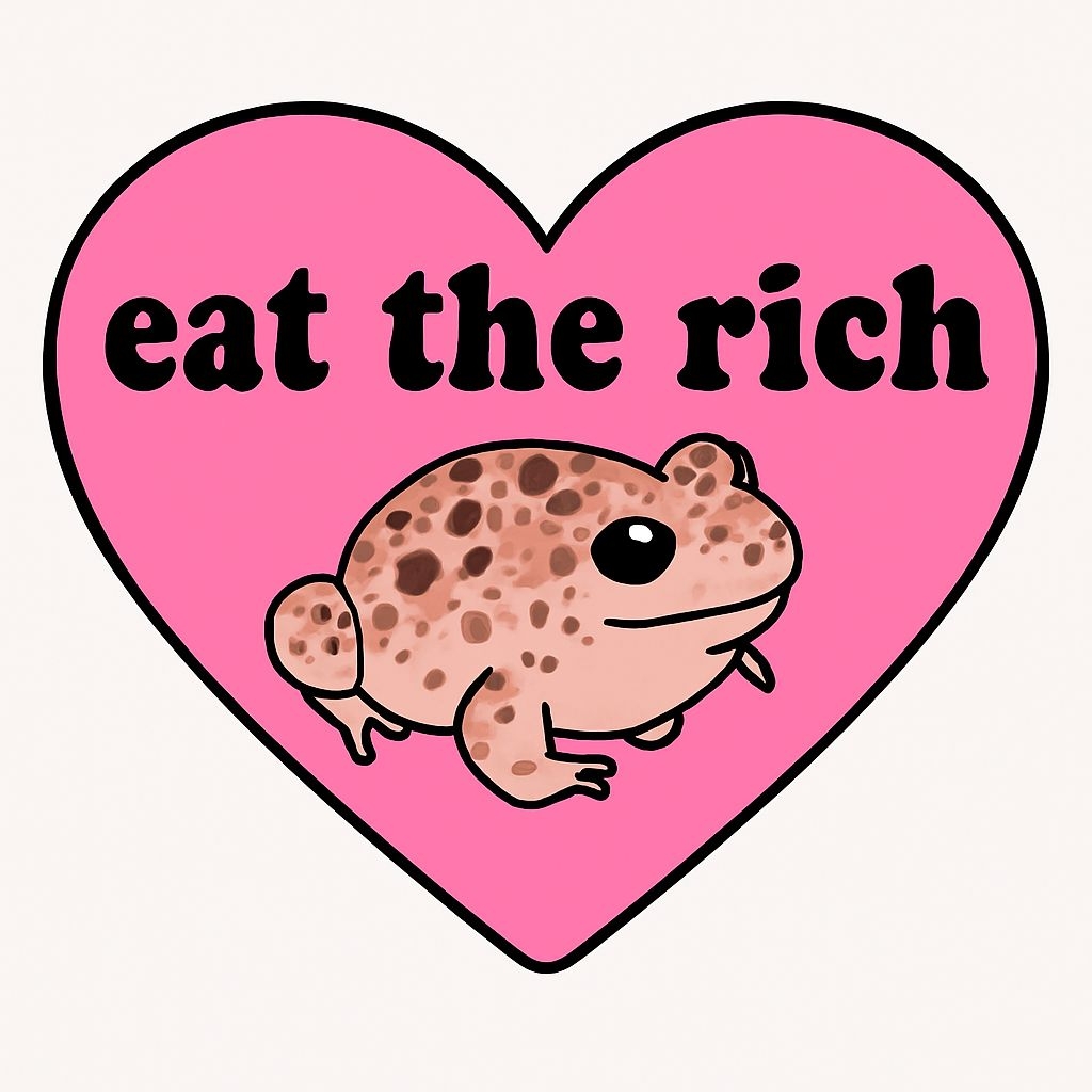 Playful Pink Heart Eat The Rich with Toad Cartoon Sticker