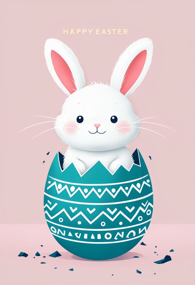 Cheerful Easter Bunny Emerging from Teal Egg Illustration Social Media Post