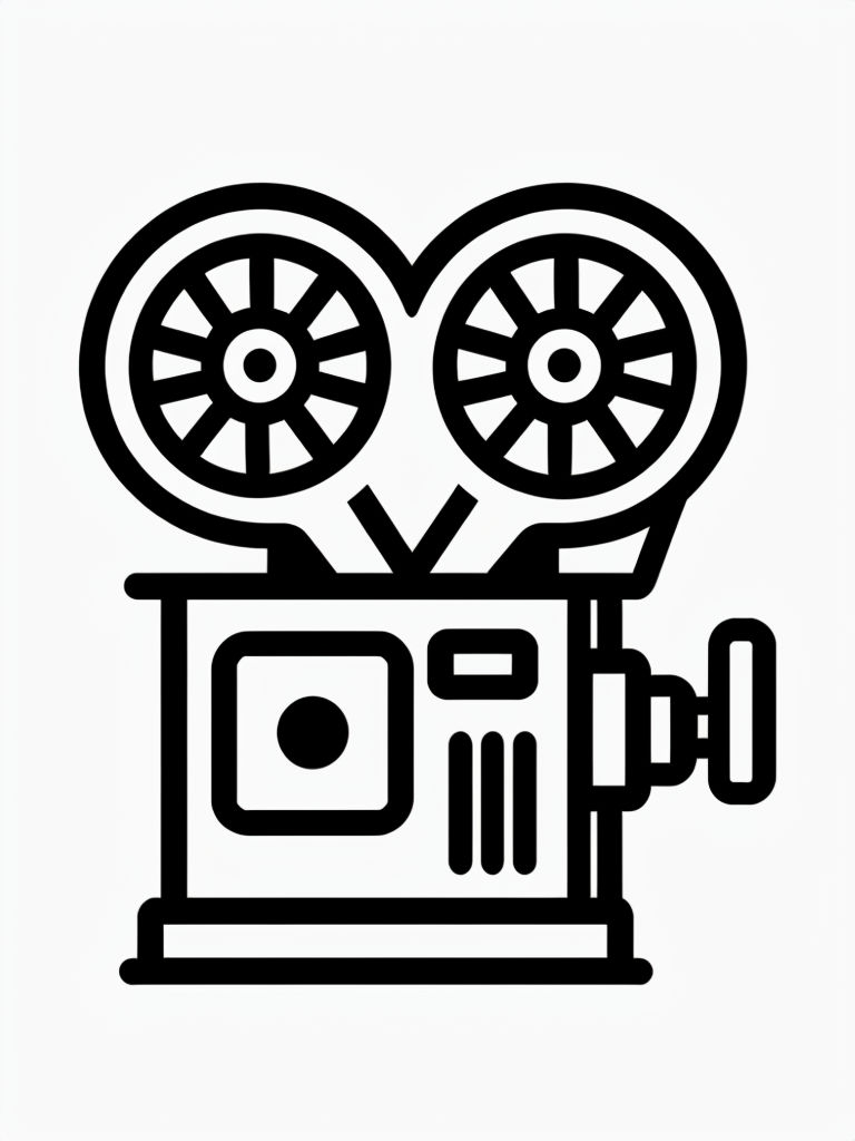 Minimalist Line Drawing of an Old-Fashioned Film Projector Coloring Book Page