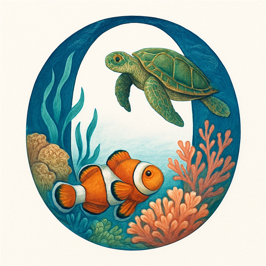 Whimsical Underwater Sea Turtle and Clownfish Illustration Monogram