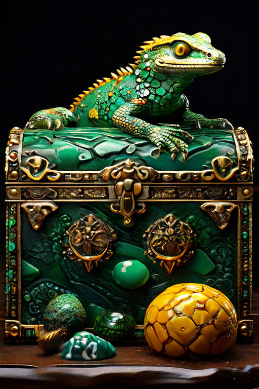 Malachite carved chest and small yellow European sand lizard... by ...