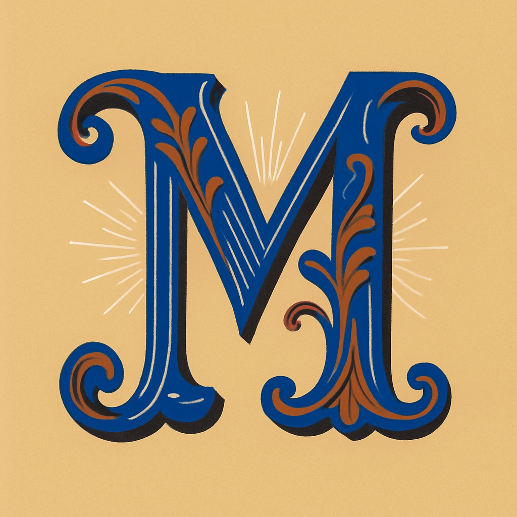 Ornate Deep Blue M Monogram with Floral Patterns Artwork Monogram