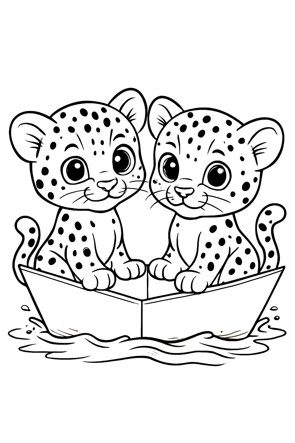 Adorable Snow Leopard Cubs in Origami Boat Coloring Page